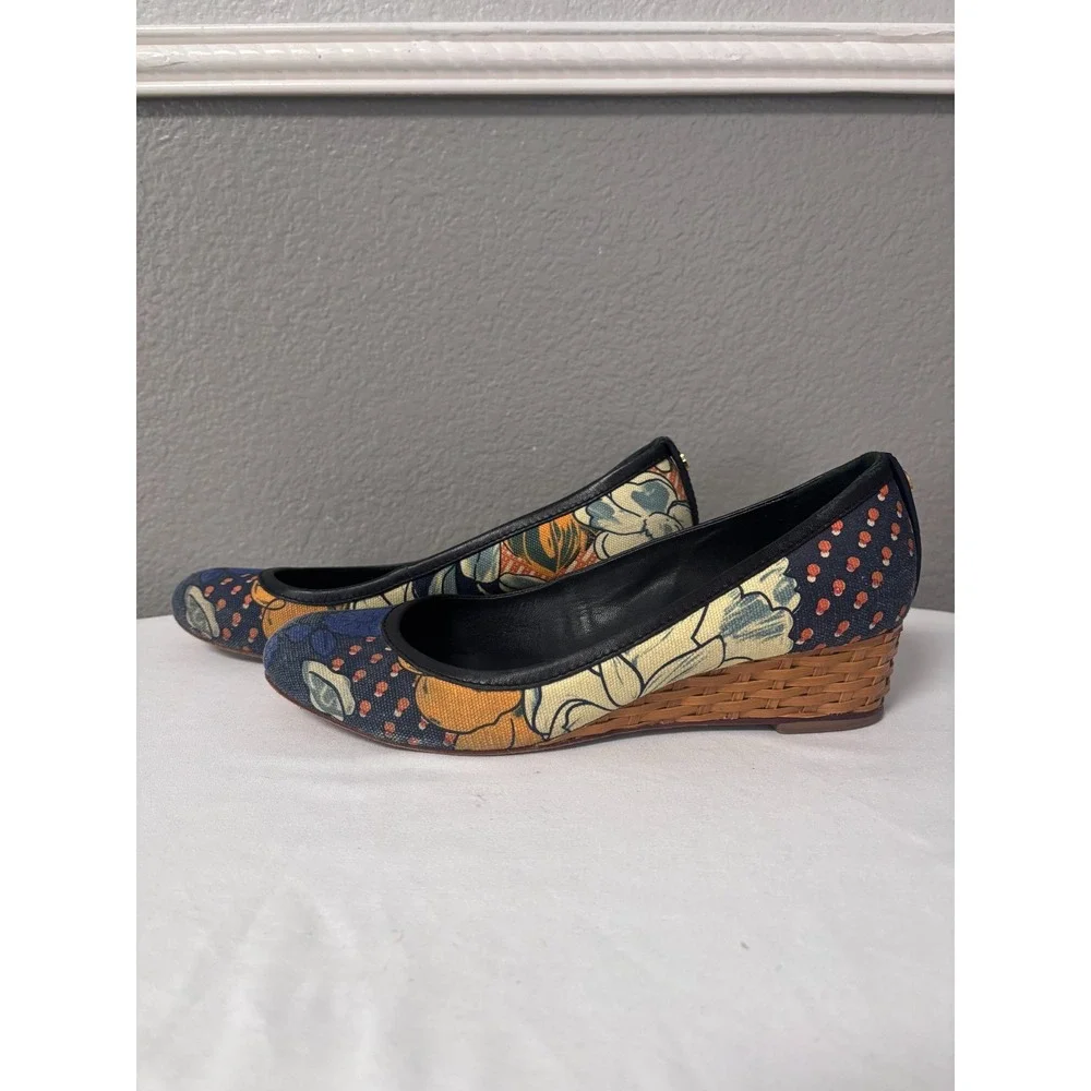 Tory Burch Womens 9 Sally Wedge Pump Multi Floral Canvas Low Heel Logo Brazil